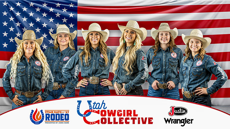 A group of cowgirls standing in front of an American Flag background with the Utah Days of ‘47 logo, the Utah Cowgirl Collective logo, Justin logo, and Wrangler logo.